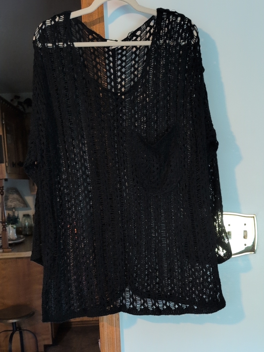 POL Black Crochet V-Neck Open-Knit Top